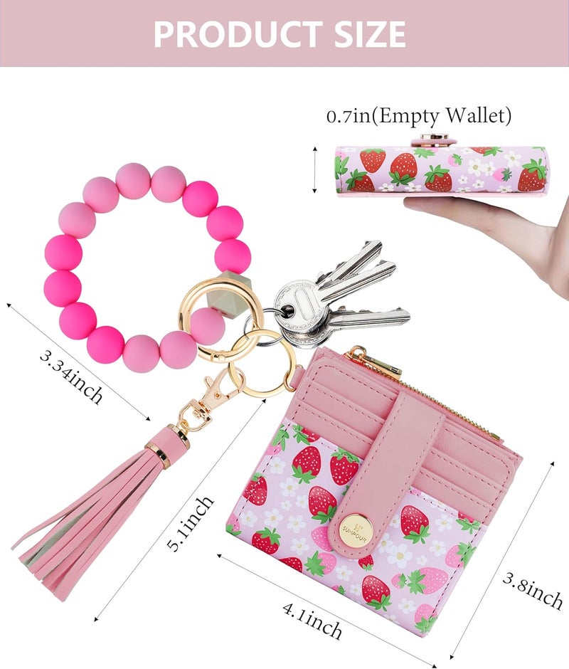 Sunpour Small Wristlet Wallets for Women Keychain Wristlet Wallet RFID Blocking Key Chain Wallet With Zipper Coin Pocket,2 Id Window (Strawberry) - Image 2